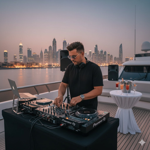 Luxusyacht-Unterhaltung mit DJ und Aktivitäten in Dubai.