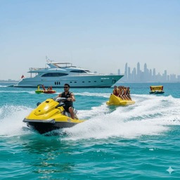 Luxusyacht-Wassersportaktivitäten in Dubai: Jet-Ski, Tauchen.