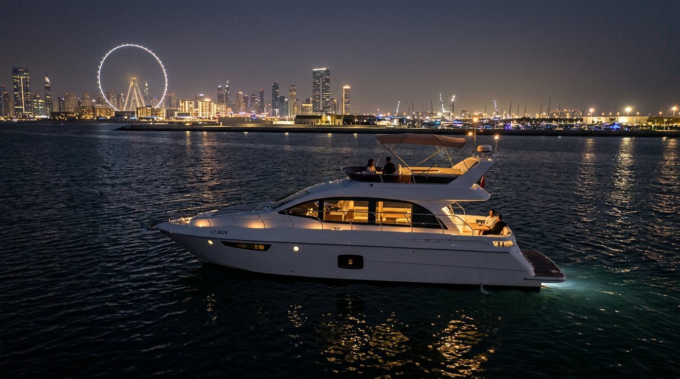 Anchored motor yacht glowing at night against the illuminated Dubai city skyline