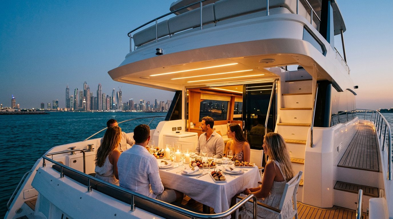Candlelit dinner table set on a yacht deck facing Dubai Marina lights