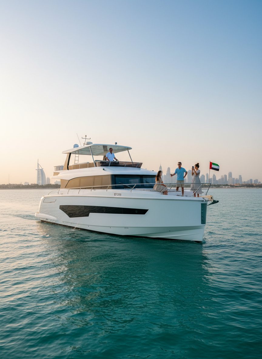 Captain navigating a yacht at dawn with guests seated at the stern