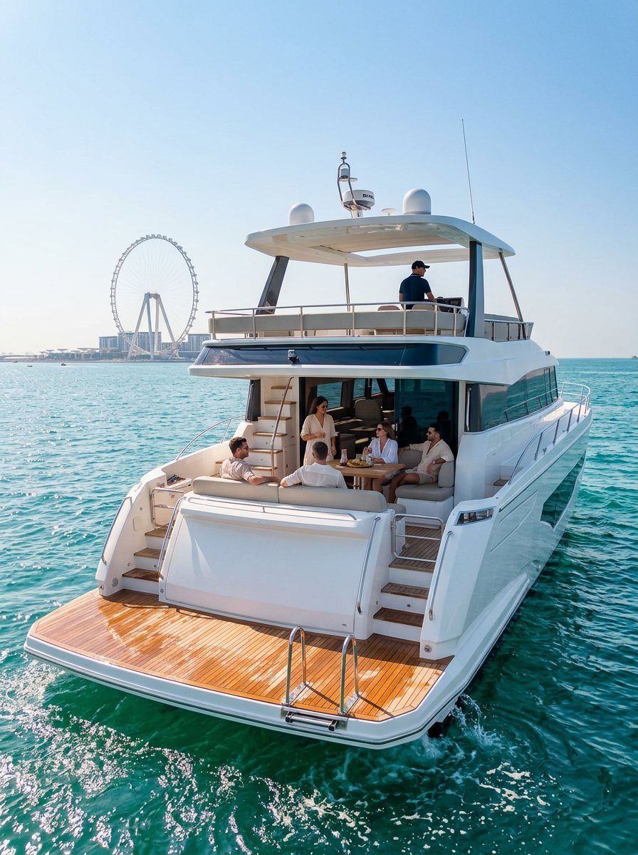 Captain steering the vessel while guests lounge on deck in sunny Dubai
