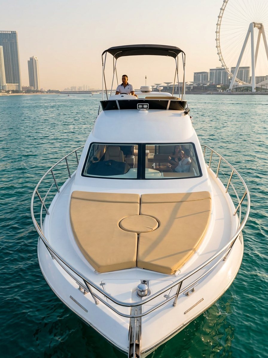 Captain steering the yacht while guests relax on the stern off Dubai