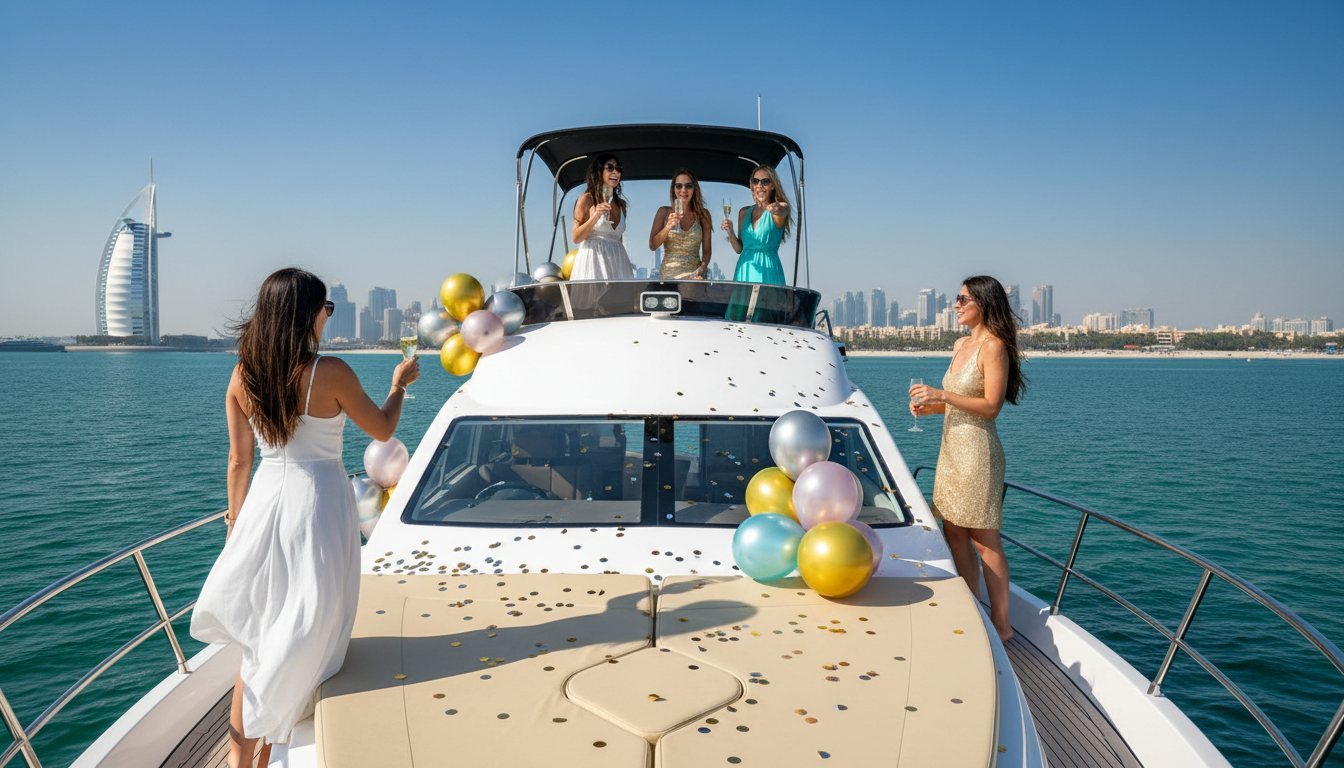 Celebration on a decorated yacht deck heading toward the glowing Dubai skyline
