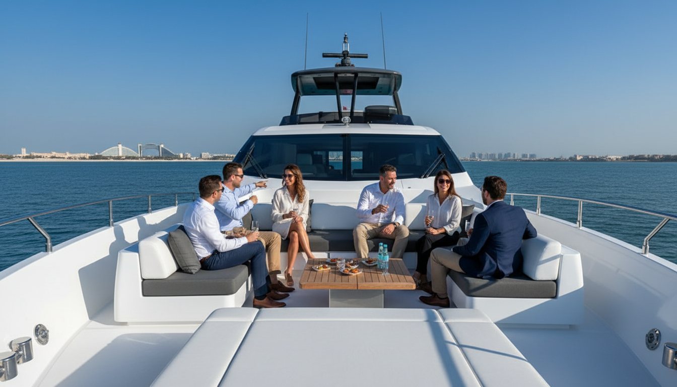 Colleagues mingling on a yacht deck against the late afternoon Dubai coast