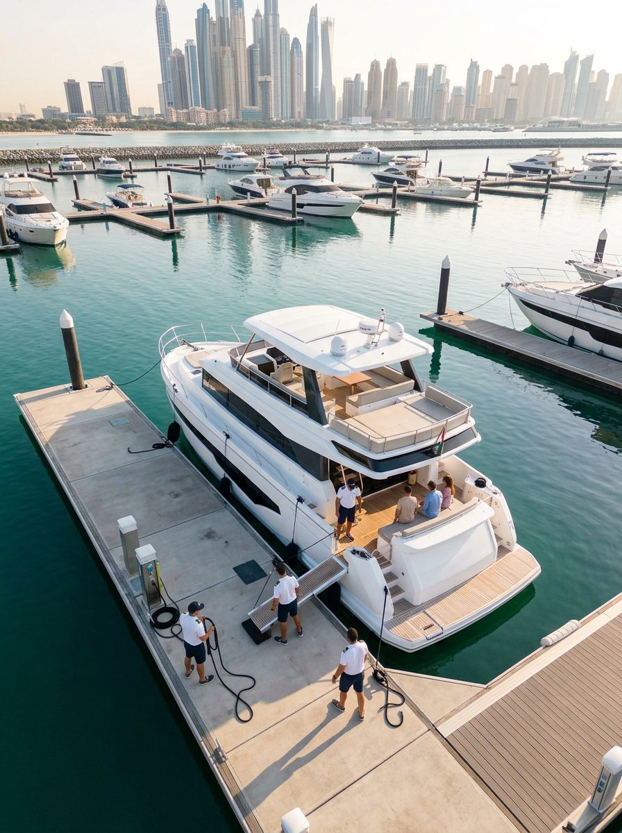 Crew members walking on a Dubai marina pier in early morning light