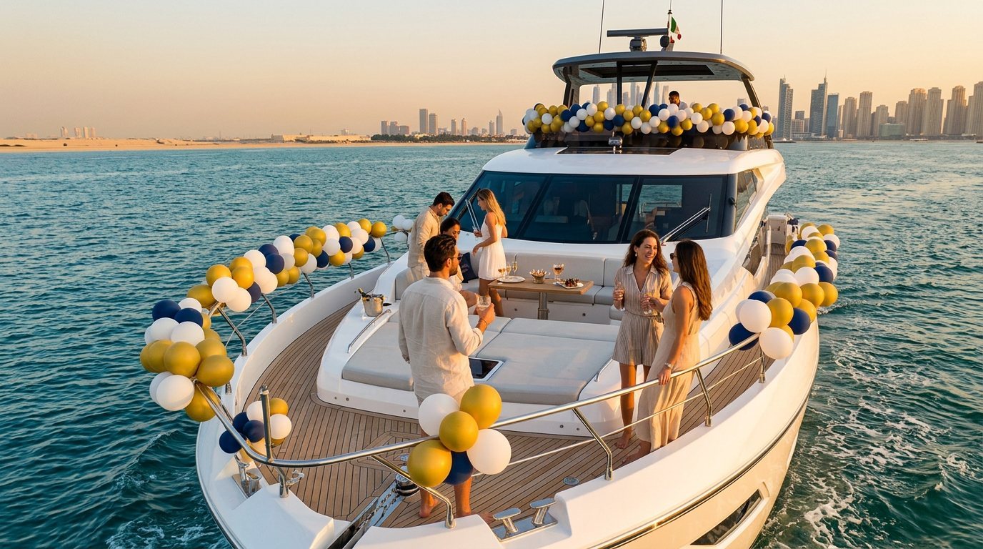 Deck party with balloons and happy guests facing the sunset over Dubai