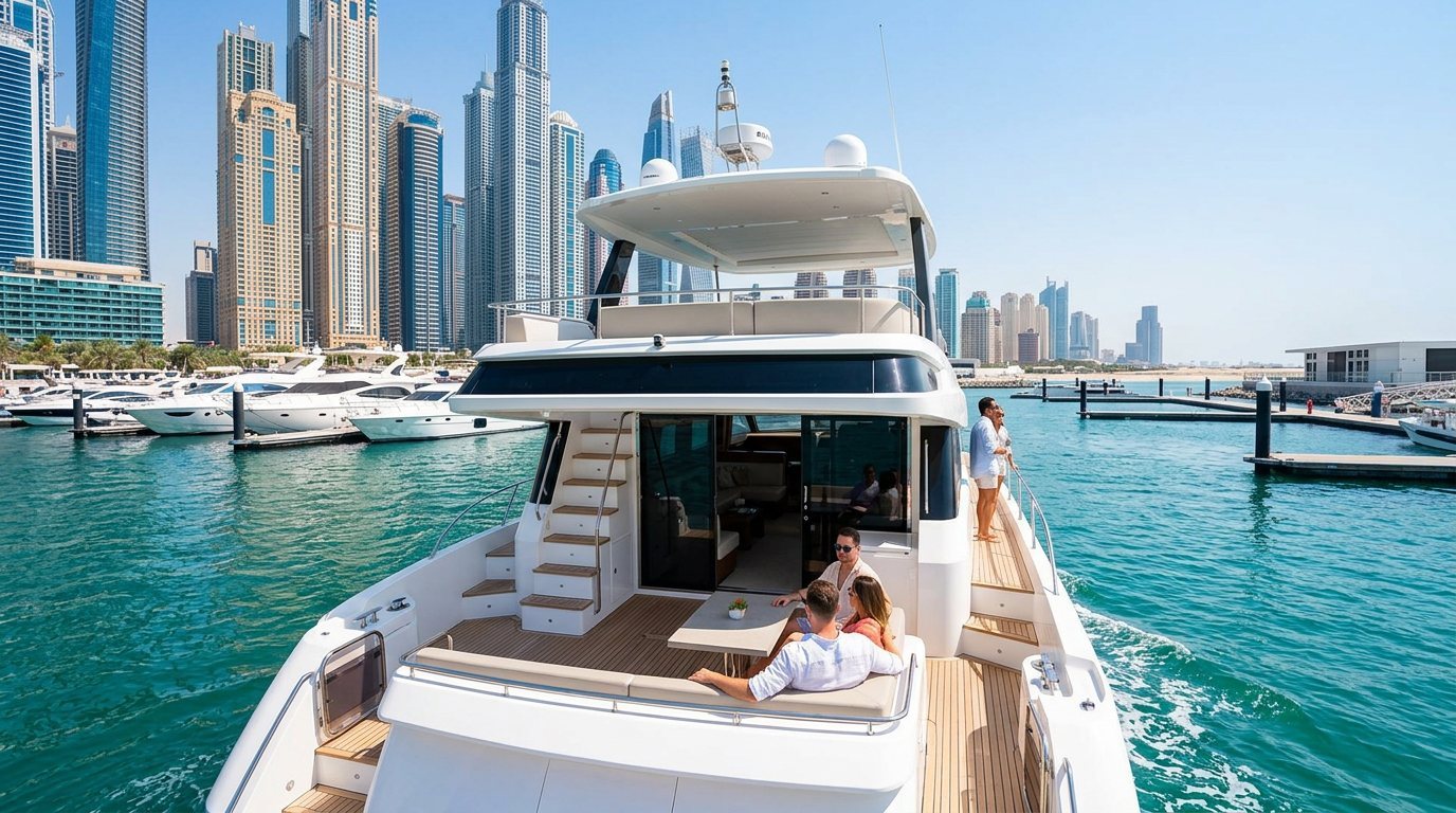 Dubai Marina residential towers and boat berths viewed from the morning water