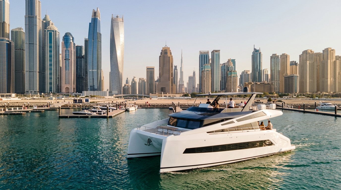 Dubai marina waterfront promenade and luxury yachts moored along the docks