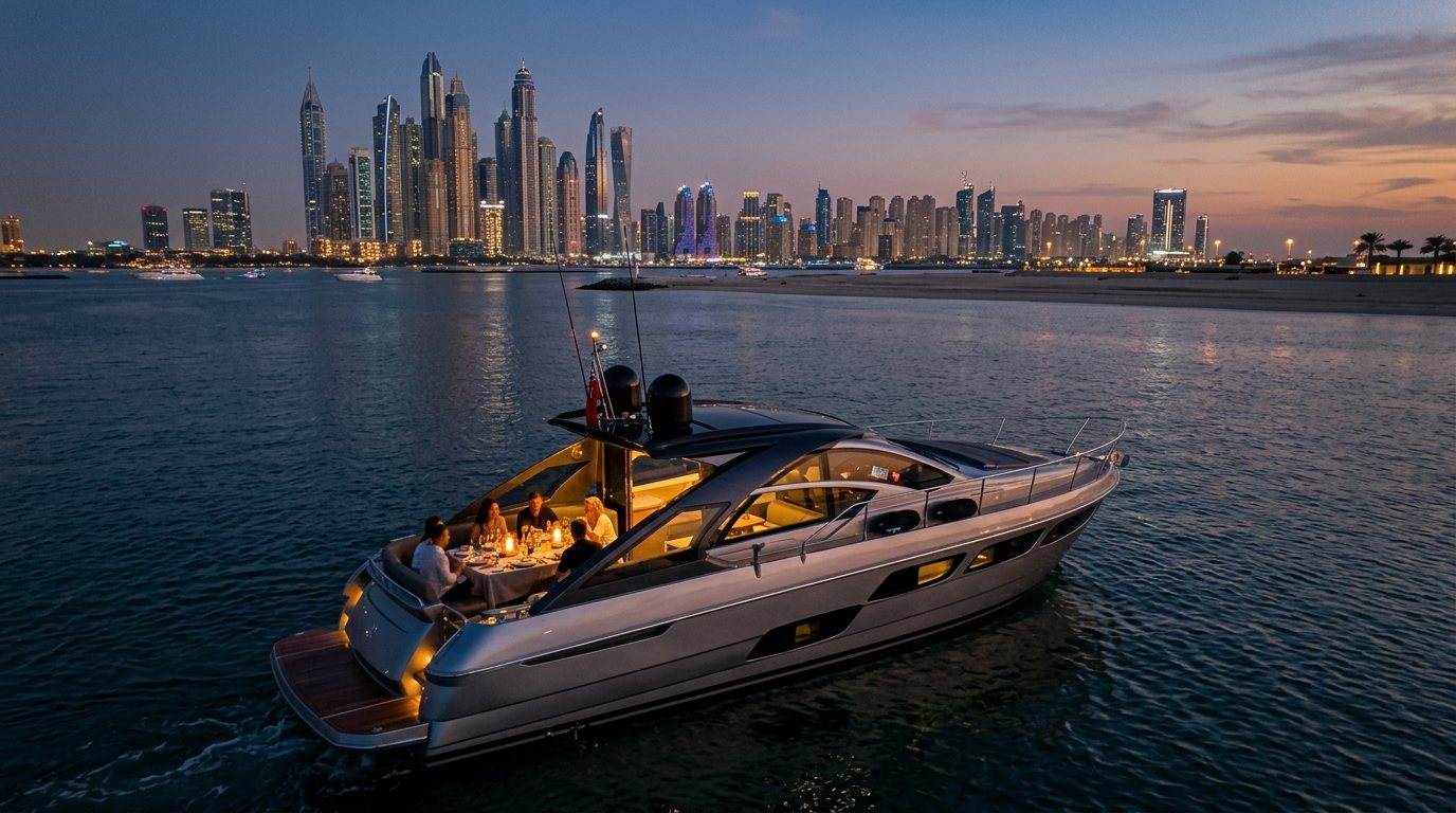 Elegantly arranged dinner table on a yacht deck overlooking illuminated Dubai Marina