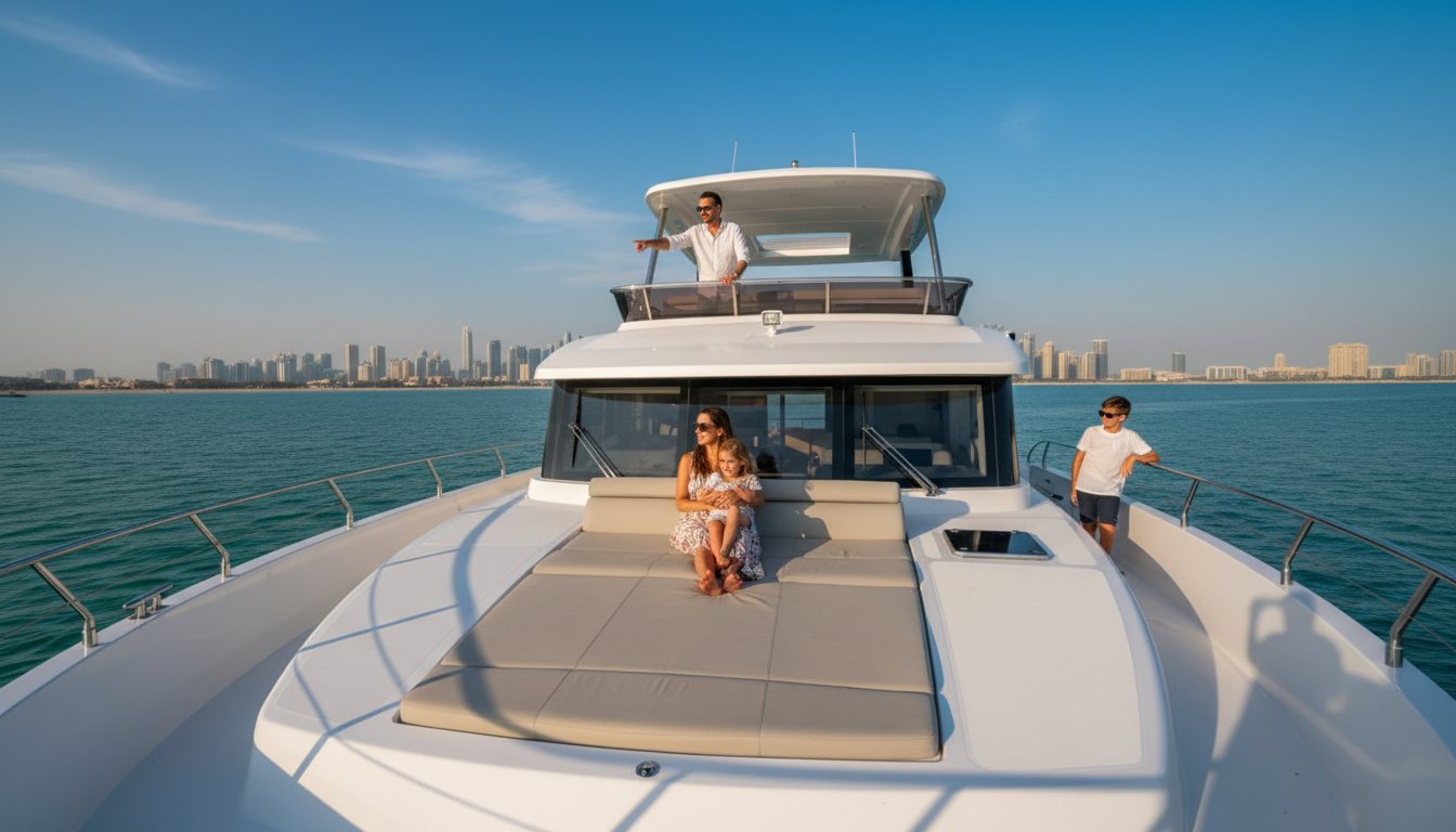 Family enjoying a relaxing boat outing on deck near Dubai shoreline