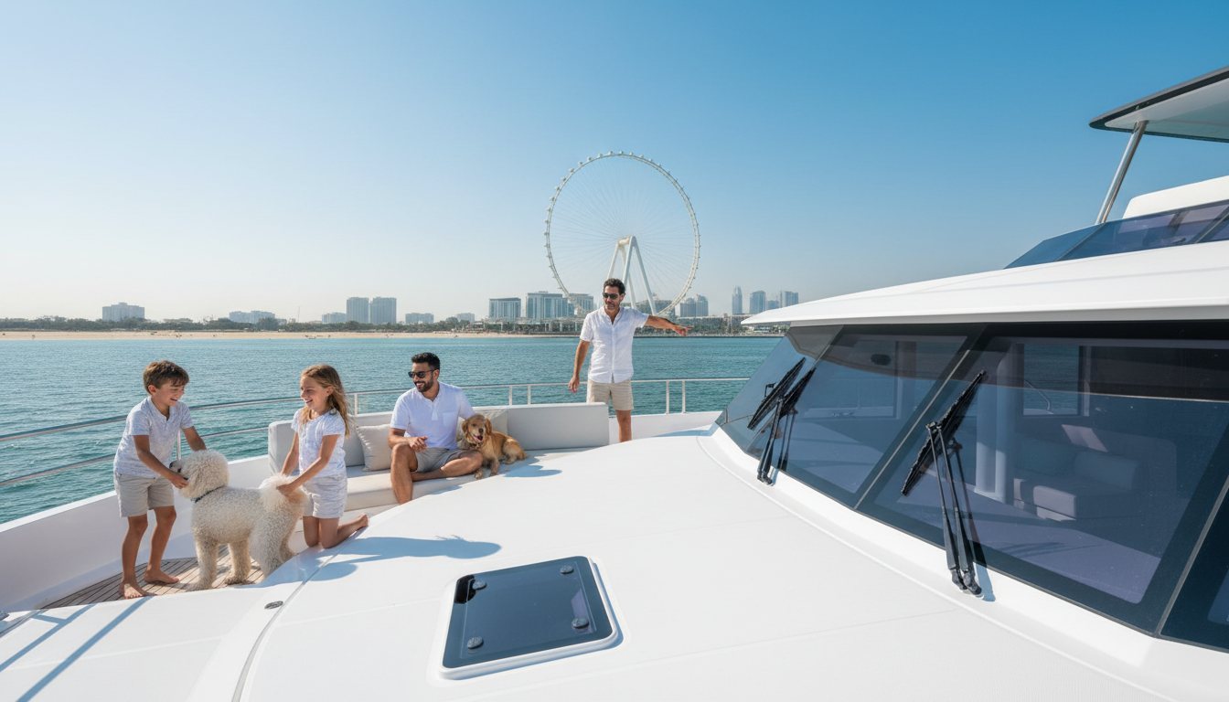 Family with children spending time together on a sunny yacht deck in Dubai