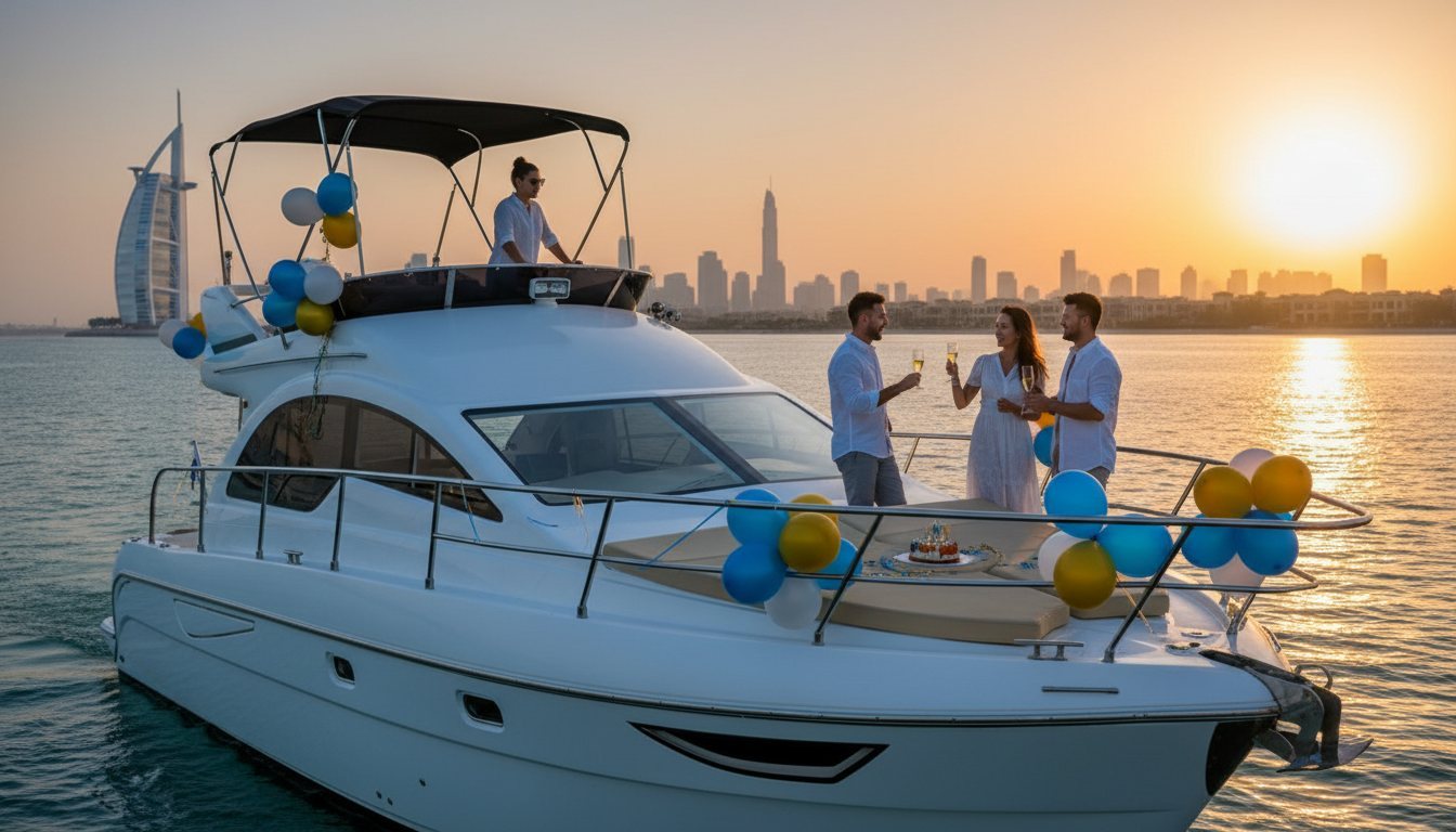 Guests celebrating with festive balloons on a yacht deck off Dubai at sunset