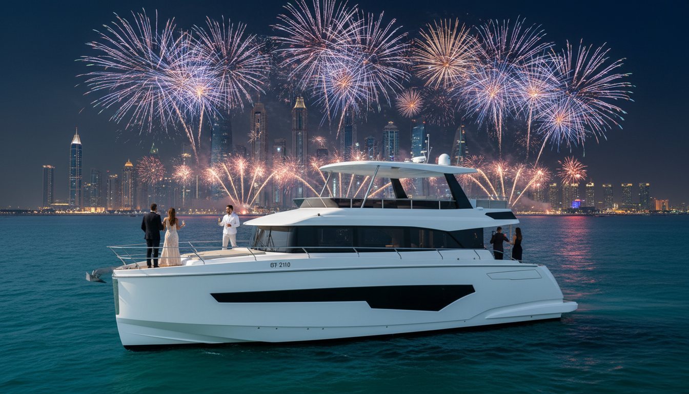 Guests watching a vibrant fireworks display over Dubai skyline from yacht deck