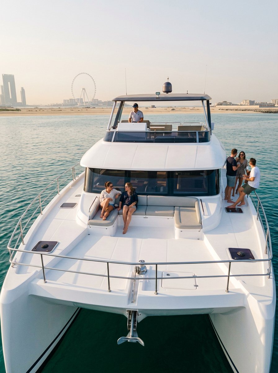 Helm station and morning guests relaxing on the stern of a Dubai yacht