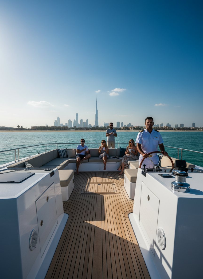 Helm station and morning guests relaxing on the stern of a Dubai yacht