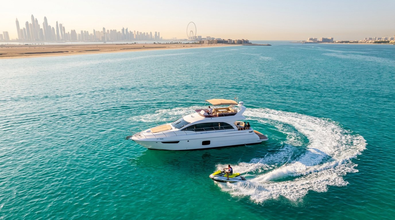 Jet ski rider cruising beside a luxury motor yacht off Dubai coast
