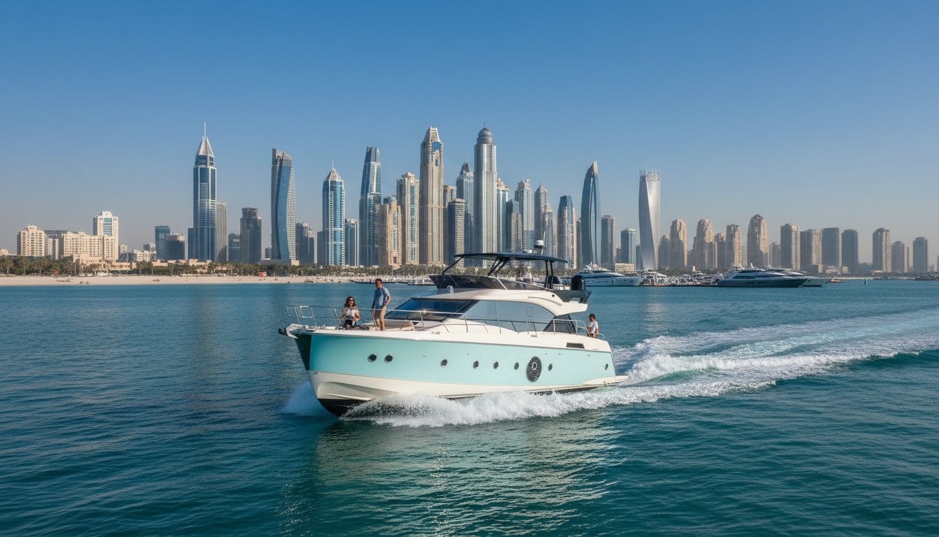 Moored yachts and waterfront skyscrapers lining the Dubai Harbour marina basin