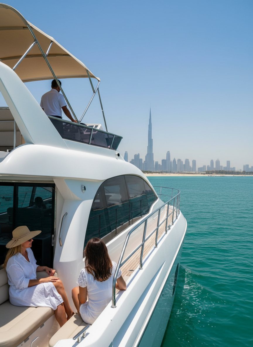 Motor yacht cruising near Dubai shore with captain steering from the helm