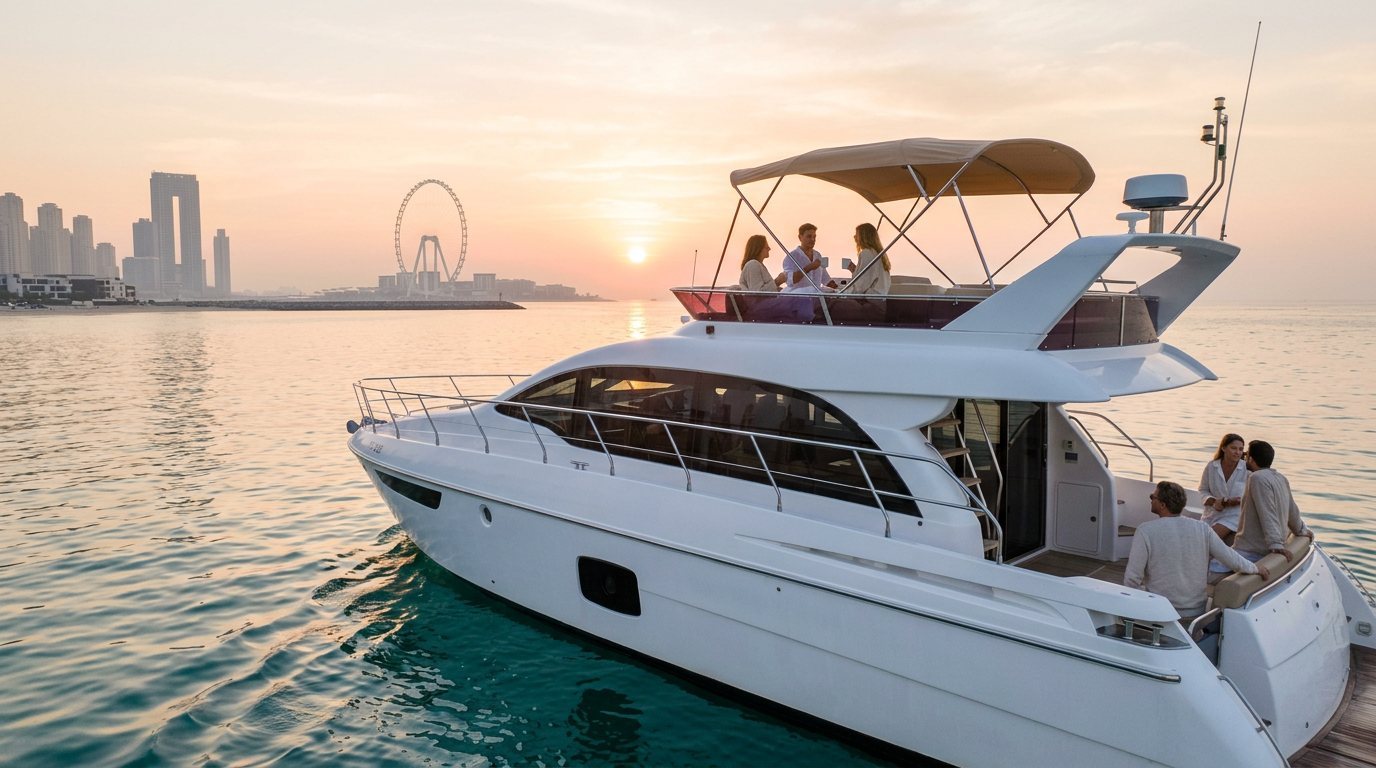 Motor yacht sailing through peaceful morning waters off the Dubai coast
