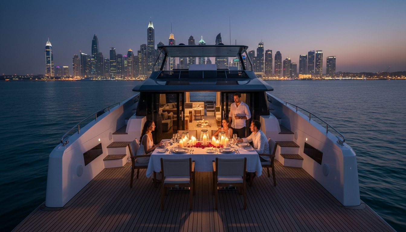 Outdoor yacht dinner setting with candles against the glittering Dubai Marina skyline