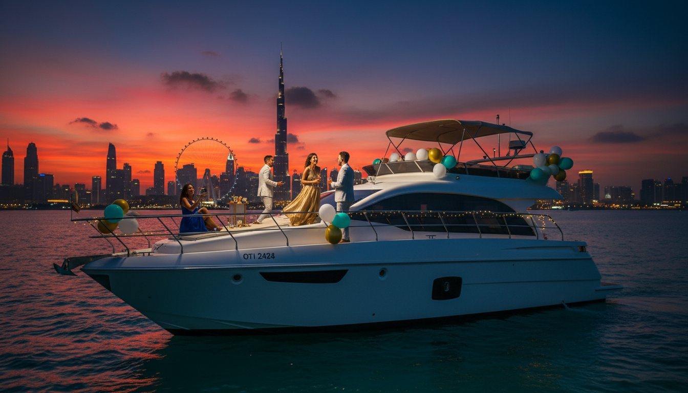 Party guests celebrating on a balloon-decorated yacht deck near Dubai coast