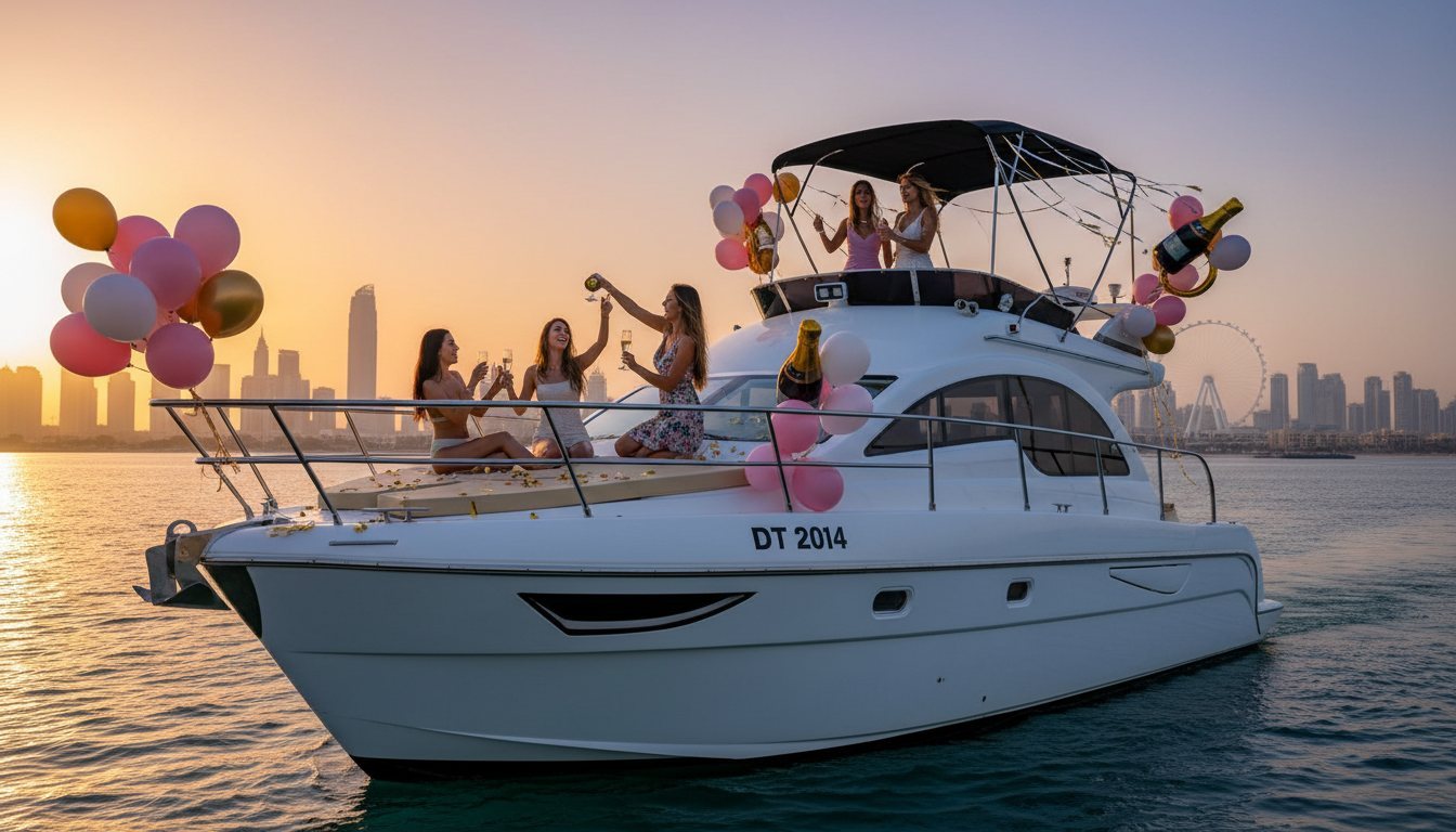 Party on a festive yacht deck with balloons during a Dubai sunset
