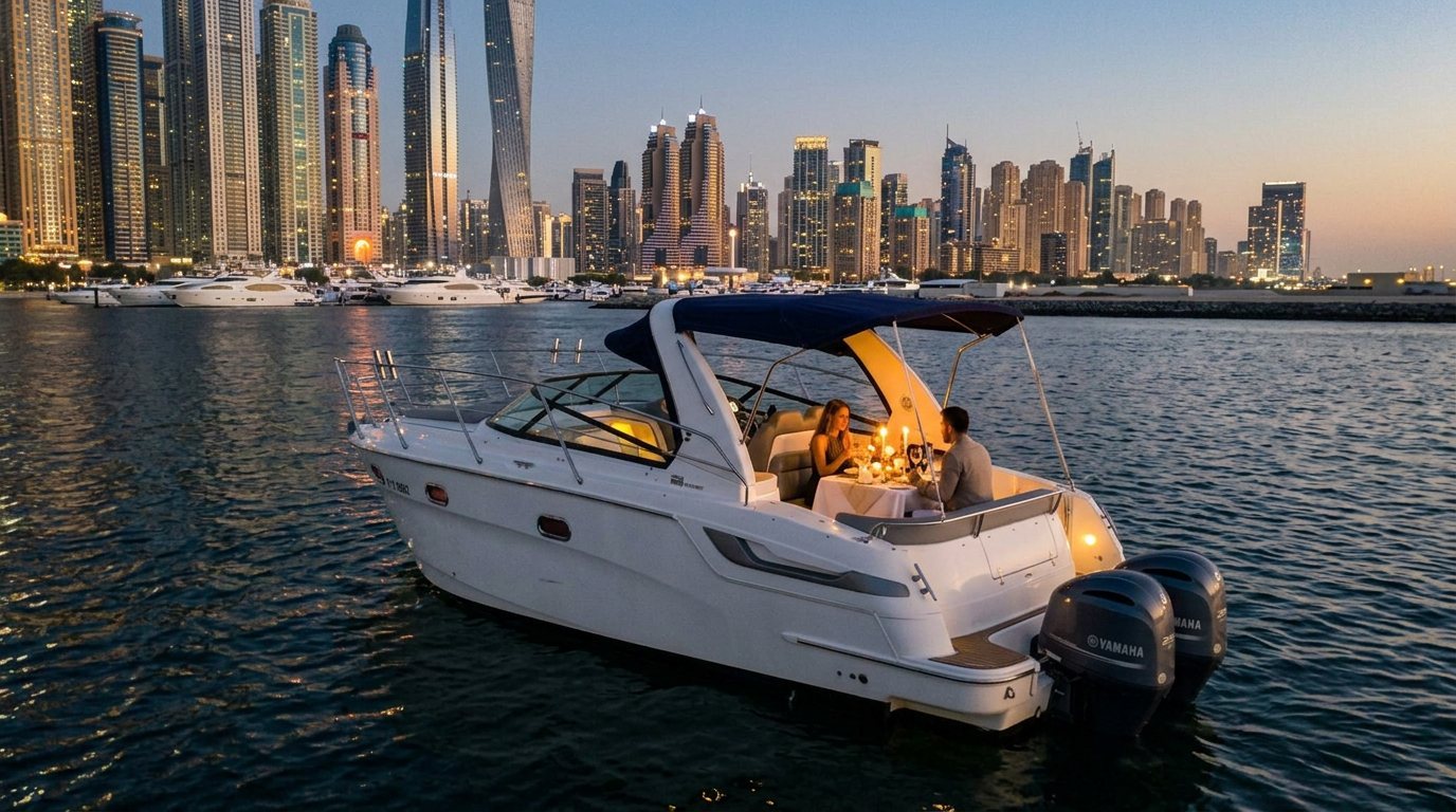 Romantic dinner table on a yacht deck glowing before Dubai Marina towers
