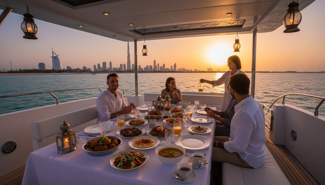 Traditional iftar table with dates and lanterns on a yacht deck at sunset