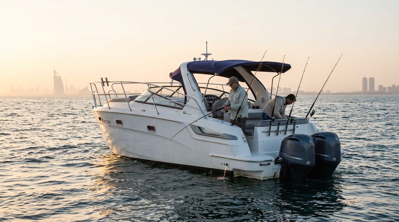 Two anglers fishing from the stern of a boat off Dubai at dawn