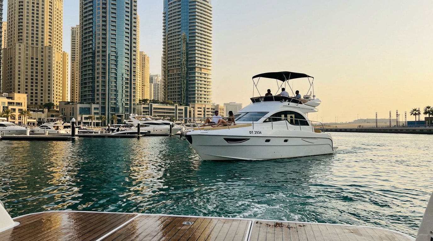 View across the water toward luxury berths and skyscrapers in Dubai Marina