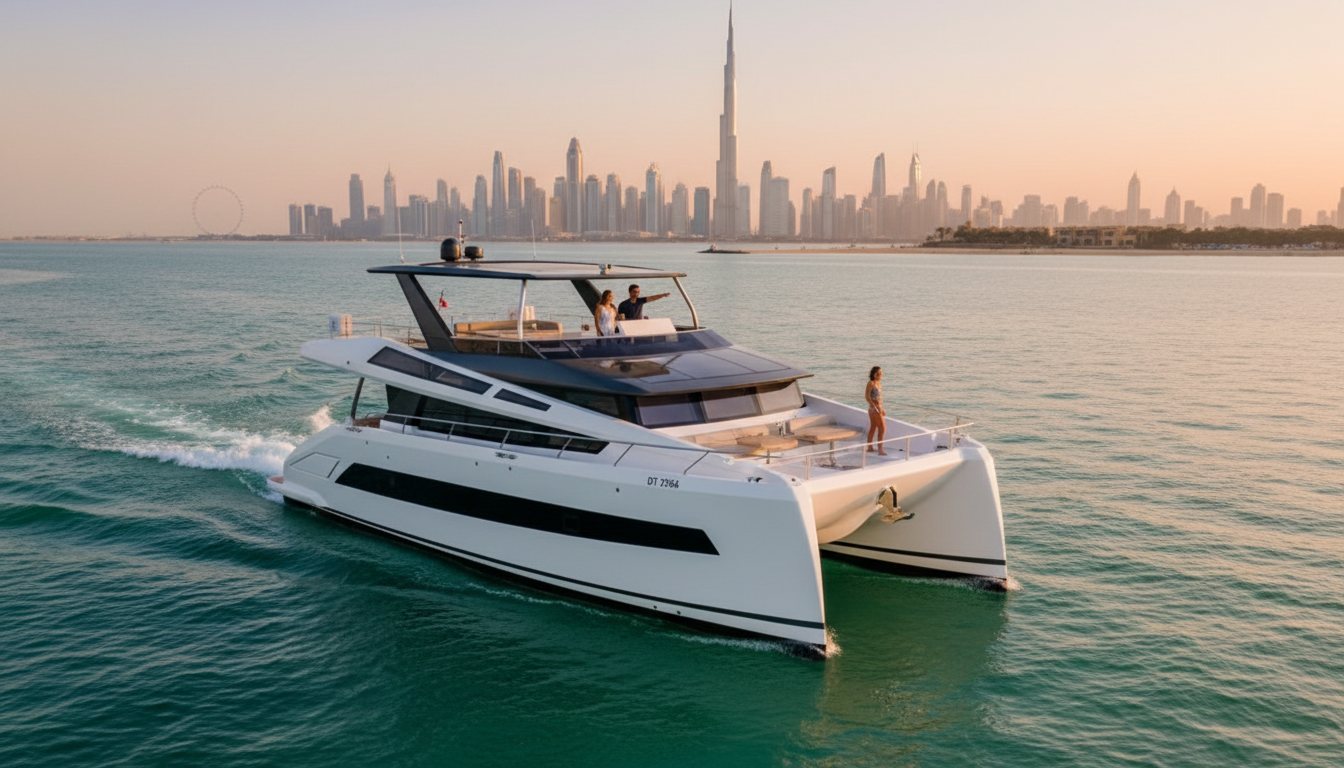 White private yacht gliding past iconic Dubai landmarks under an evening sky