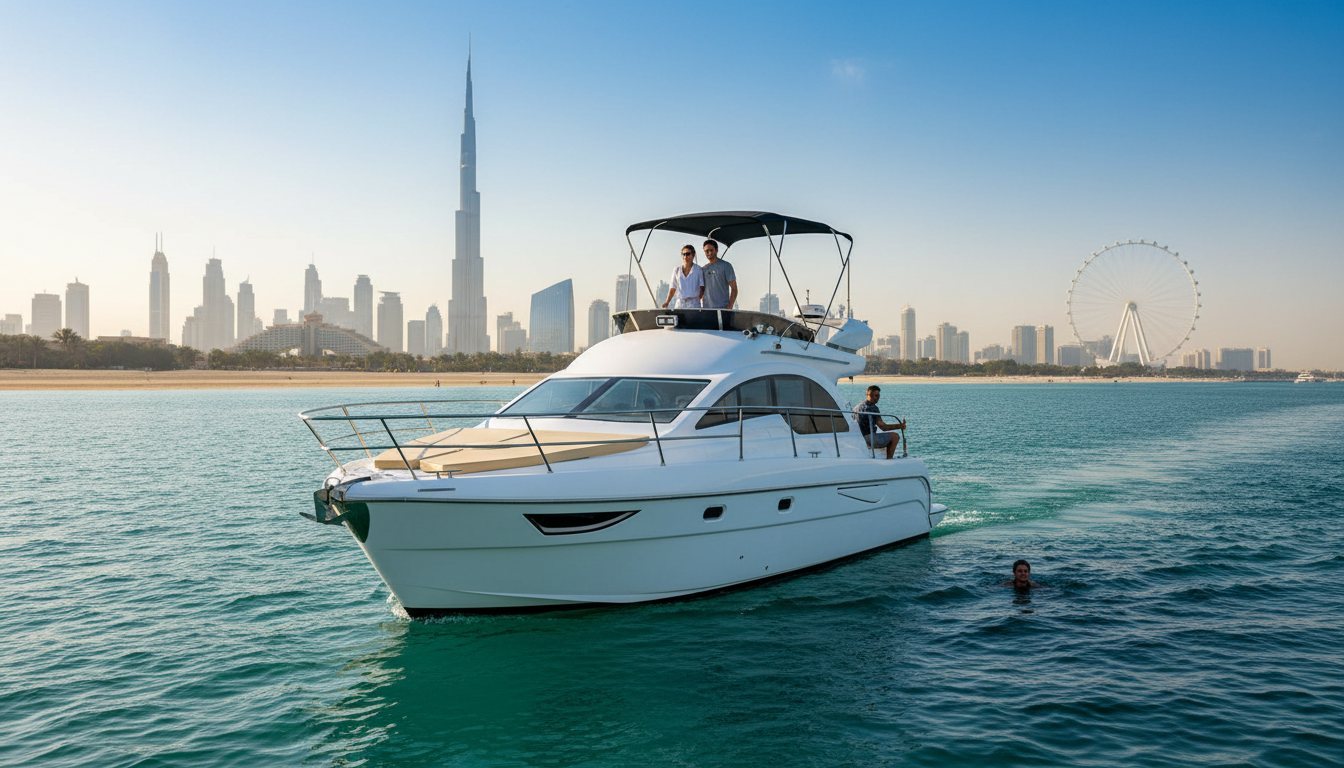 White private yacht gliding past iconic Dubai landmarks under an evening sky