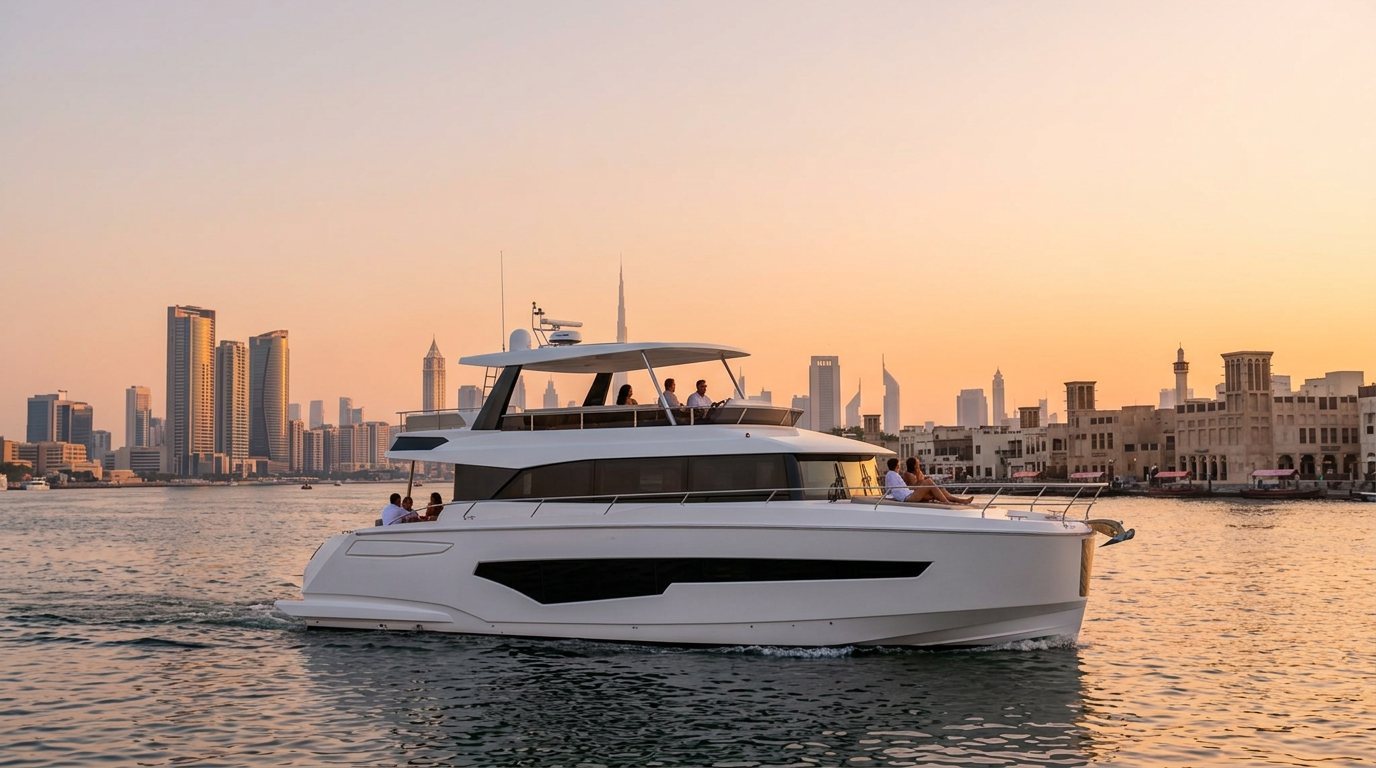 White yacht slicing through ripples near Dubai landmarks in the evening