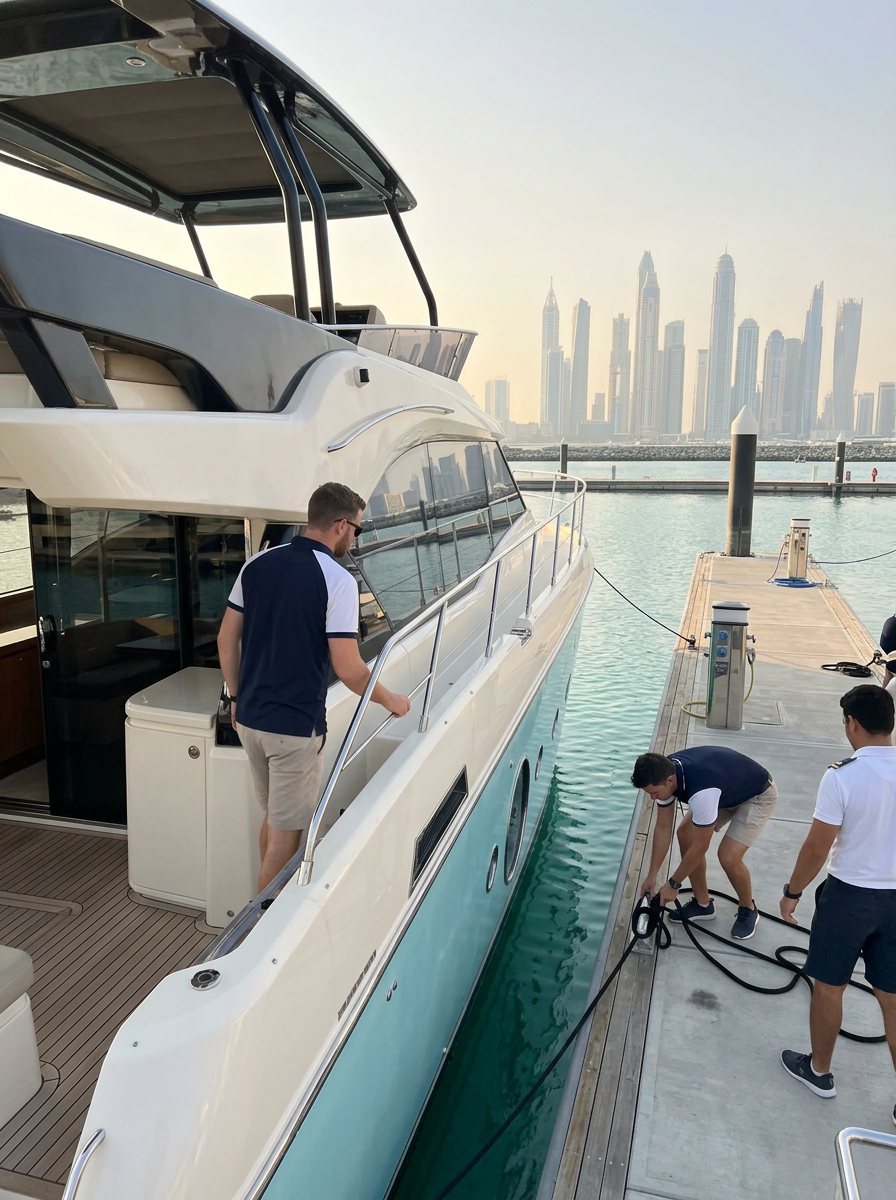 Yacht crew gathered near the marina pier as dawn breaks in Dubai