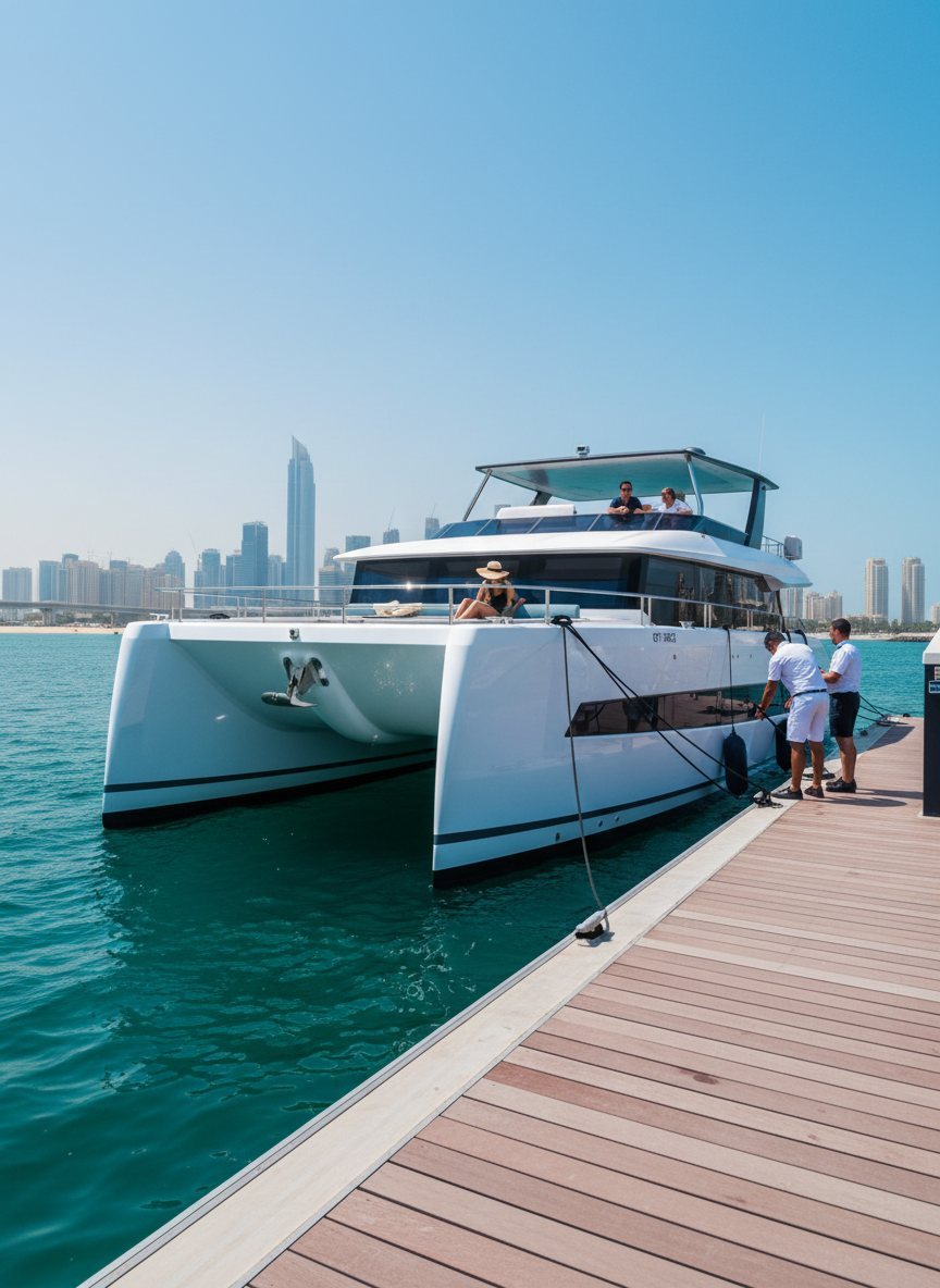 Yacht crew standing ready along a sunny marina pier in Dubai